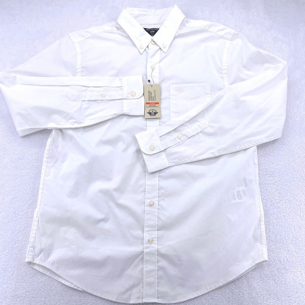Dockers Mens Button Down Shirt L White Signature Comfort Flex Classic Fit NWT